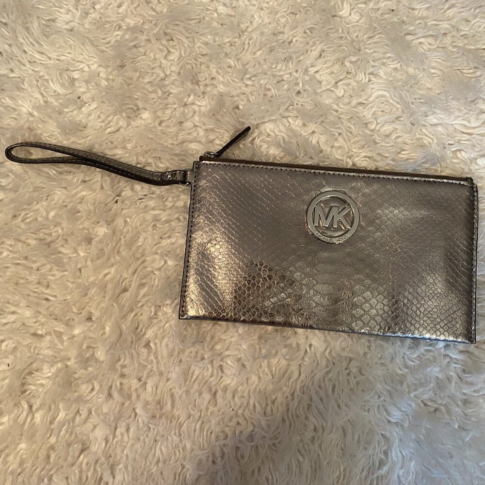 Metallic Silver Michael Kors Python Wristlet Clut… - image 1